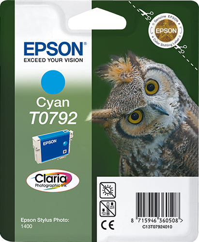 Epson T0792 - 11.1 ml - cyan blue - original - blister - ink cartridge - for Stylus Photo 1500, P50, PX650, PX660, PX710, PX720, PX730, PX800, PX810, PX820, PX830