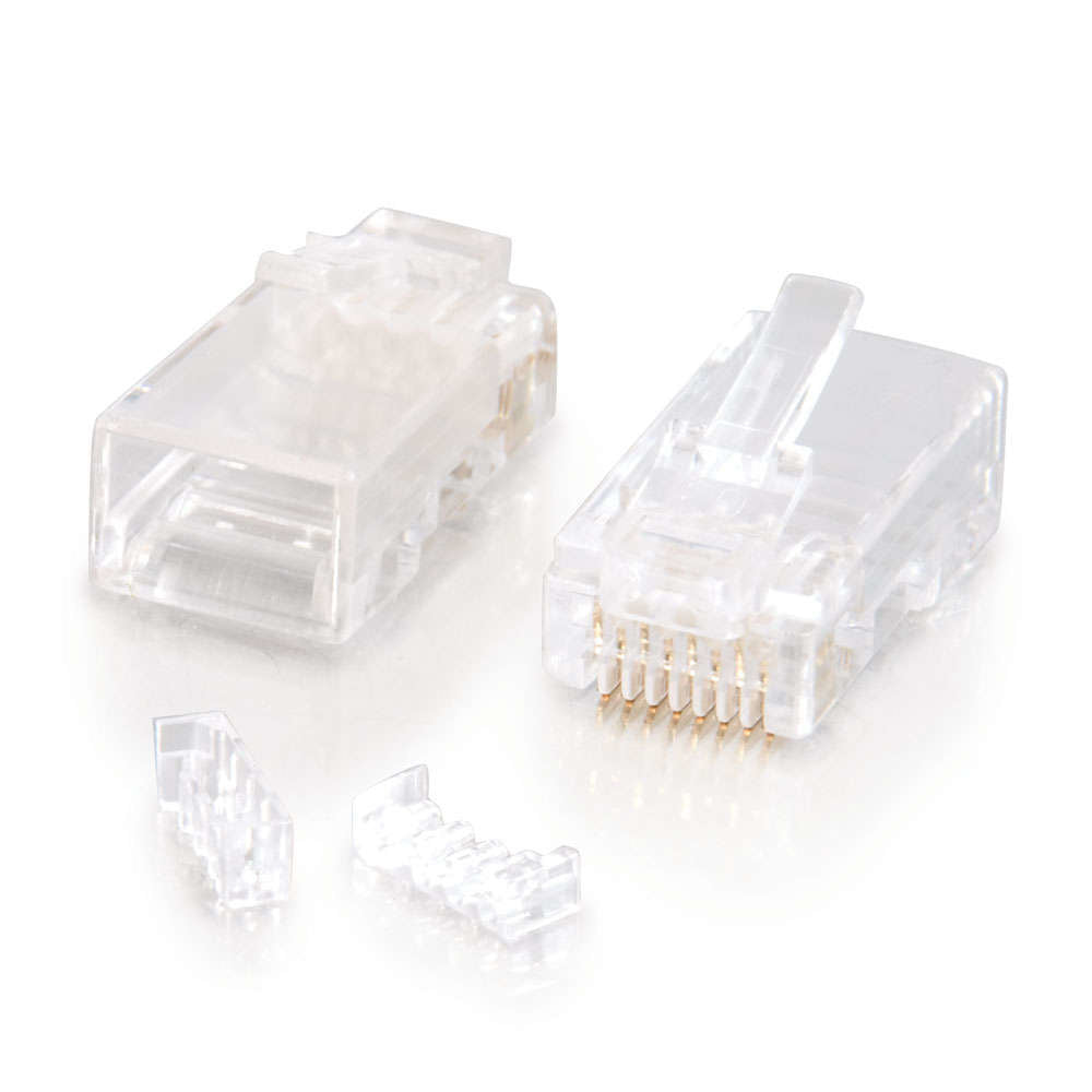 Enchufe modular C2G RJ45 Cat5E (con barra de carga) para cable redondo sólido/trenzado - Conector de red - RJ-45 (M) - CAT 5e (paquete de 100)