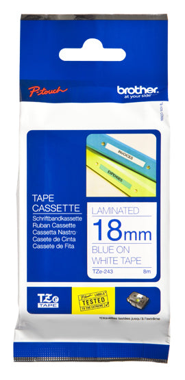Brother TZe-243 - Standard Sticker - Blue Blank - Roll (1.8cm x 8m) 1 Cassette(s) Laminated Tape - For Brother PT-D600, P-Touch PT-1880, D450, E550, E800, P900 , P950, P-Touch Cube Plus PT-P710