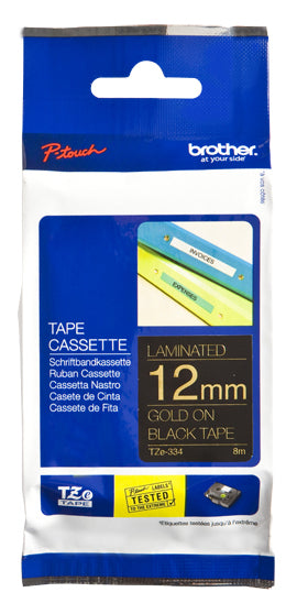 Brother TZe-334 - Standard Sticker - Gold on Black - Roll (1.2 cm x 8 m) 1 Cassette(s) Laminated Tape - for Brother PT-D210, D600, H110, P-Touch PT-1005, 1880, E800 , H110, P-Touch Cube Plus PT-P710