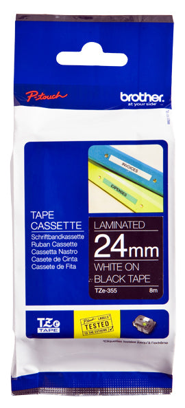 Brother TZe-355 - Standard Sticker - White on Black - Roll (2.4 cm x 8 m) 1 Cassette(s) Laminated Tape - for Brother PT-D600, P-Touch PT-3600, D800, E550, E800, P750 , P900, P950, P-Touch EDGE PT-P750