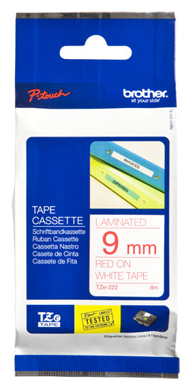 Brother TZe-222 - Red on White - Roll (0.9 cm x 8 m) 1 Cassette(s) Laminated Tape - for Brother PT-D210, D600, H110, P750, P950, P-Touch Cube PT-P300, P -Touch Cube Pro PT-P910