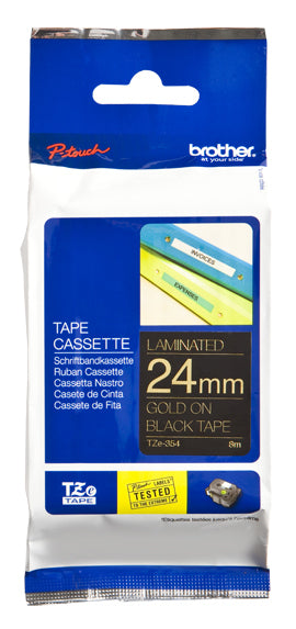 Brother TZe-354 - Self Adhesive - Gold on Black - Roll (2.4 cm x 8 m) 1 Cassette(s) Laminated Tape - for Brother PT-D600, P-Touch PT-3600, D800, E550, E800, P750, P900, P950, P-Touch EDGE PT-P750