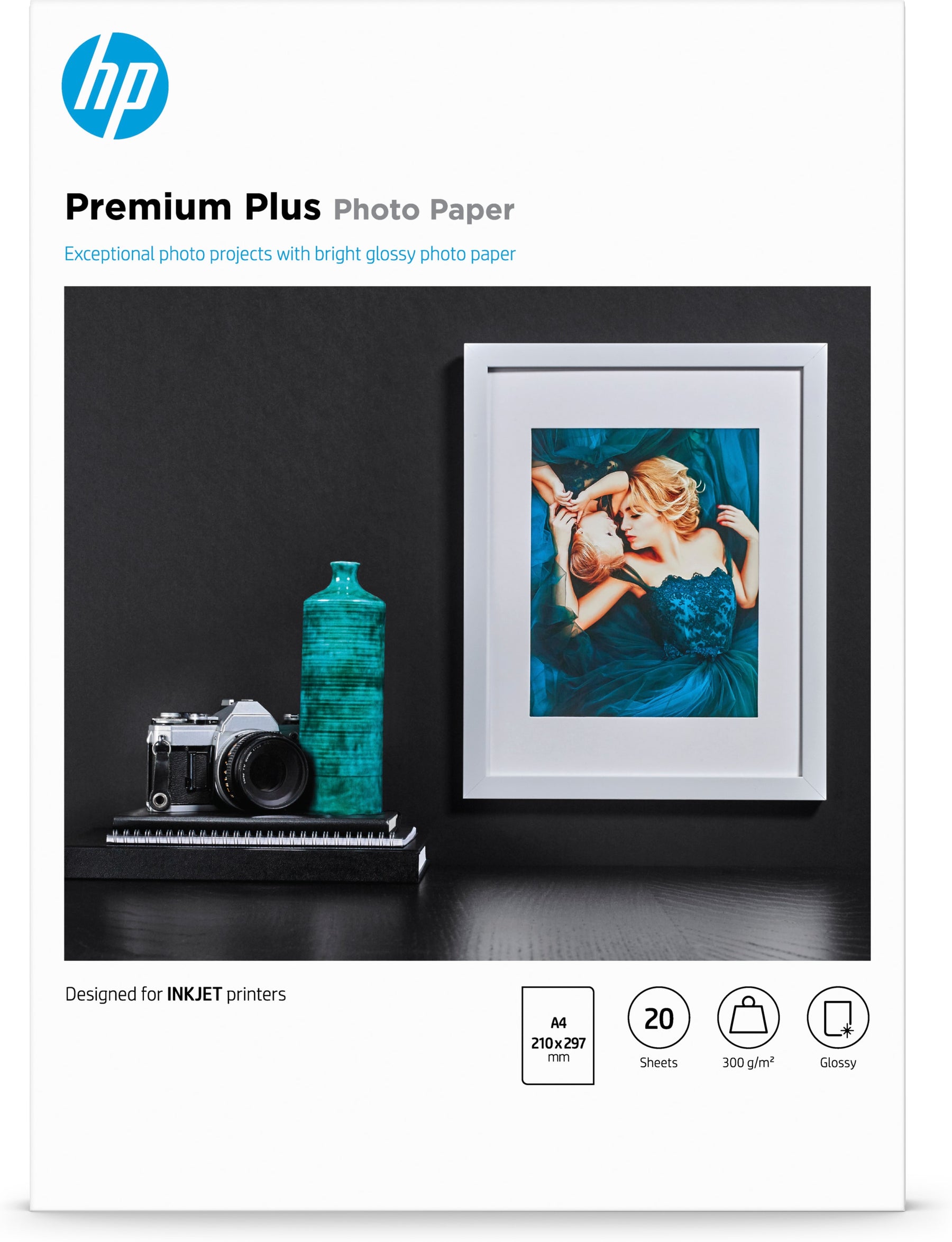 HP Premium Plus Photo Paper - Brilhante - A4 (210 x 297 mm) - 300 g/m² - 20 folha(s) papel fotográfico - para ENVY 50XX, ENVY Inspire 7255, 79XX, Officejet 52XX, 80XX, Photosmart B110, Wireless B110