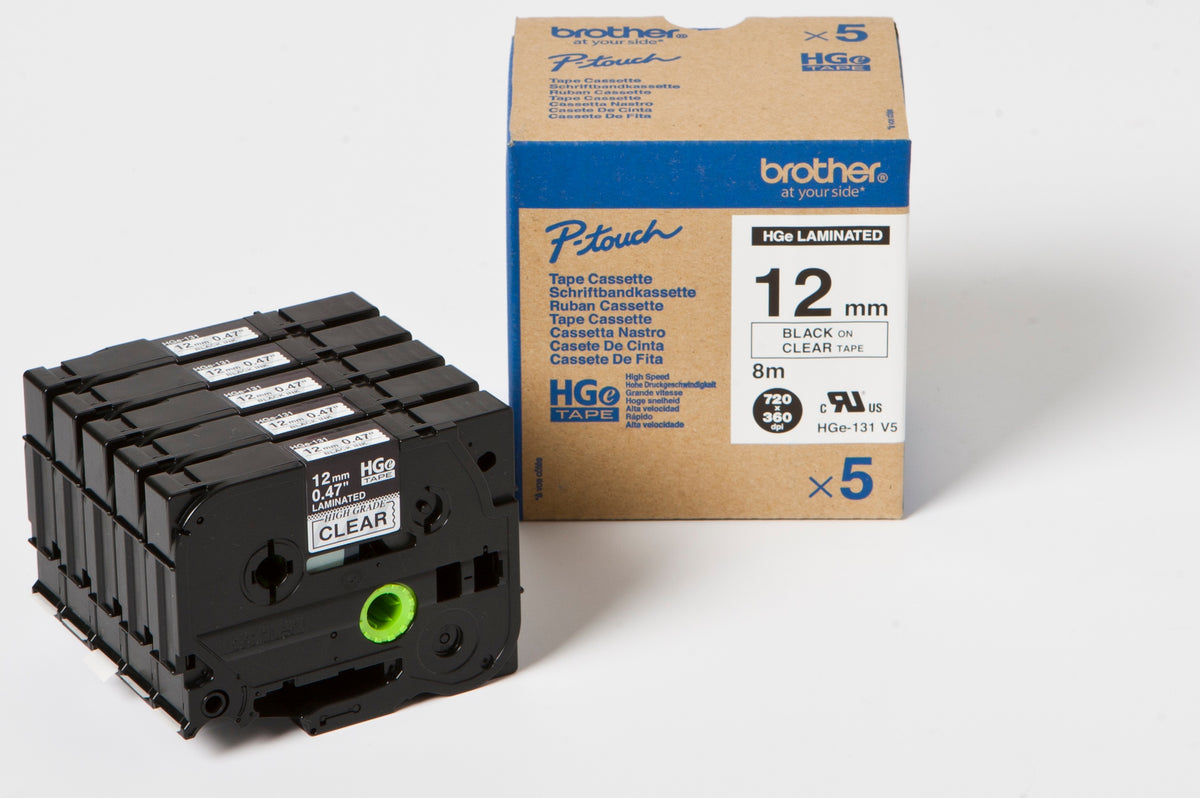 Brother HGE-131V5 - Black on Clear - Roll (1.2cm x 8m) 5 Laminated Tape Cassette(s) - for P-Touch PT-9500pc, PT-9700PC, PT-9800PCN, P-Touch R RL-700S