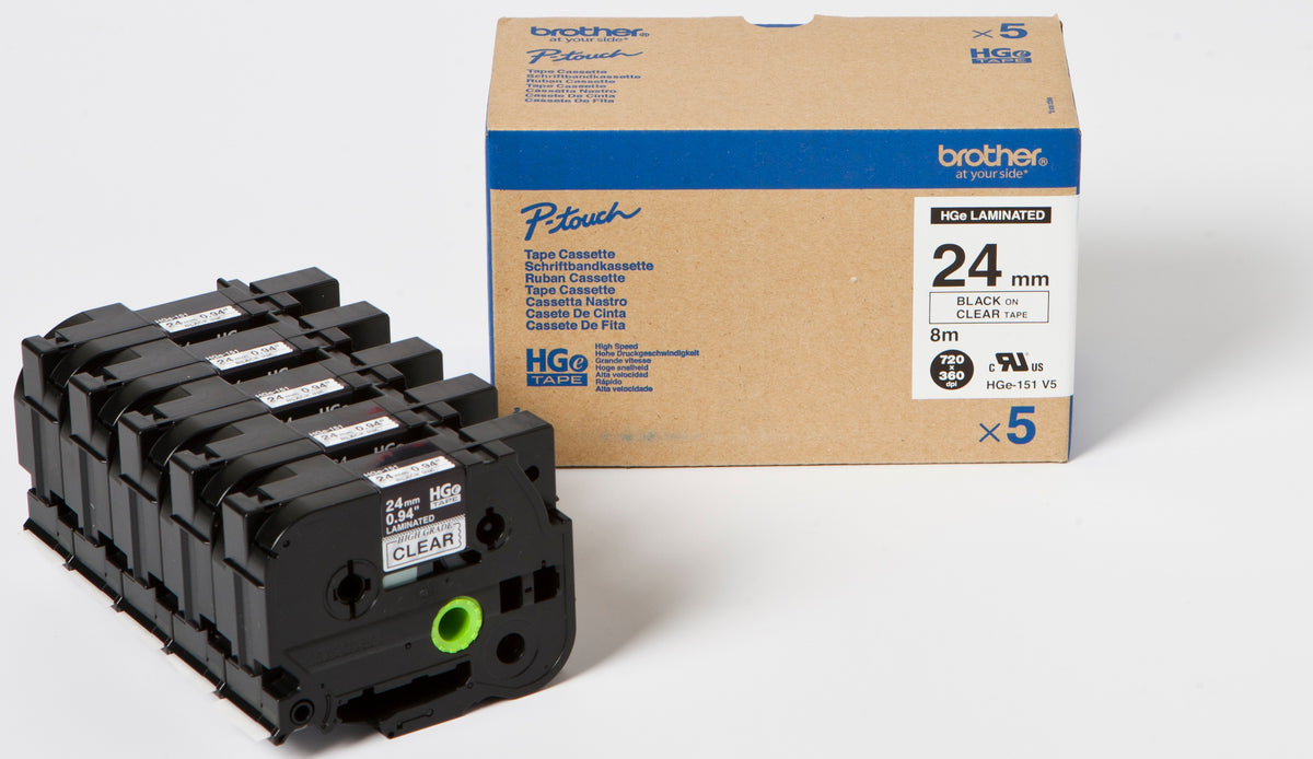 Brother HGE-151V5 - Black on Clear - Roll (2.4cm x 8m) 5 Laminated Tape Cassette(s) - for P-Touch PT-9500pc, PT-9700PC, PT-9800PCN
