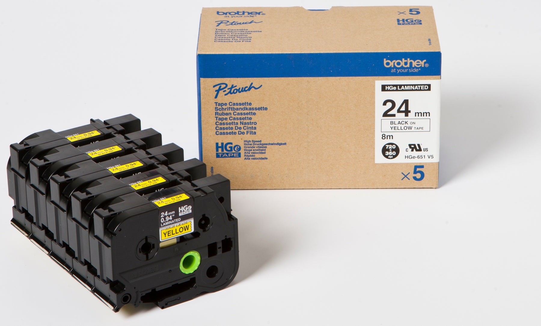 Brother HGE-651V5 - Black on Yellow - Roll (2.4cm x 8m) 5 Cassette(s) Laminated Tape - For P-Touch PT-9500pc, PT-9700PC, PT-9800PCN, P-Touch R RL-700S