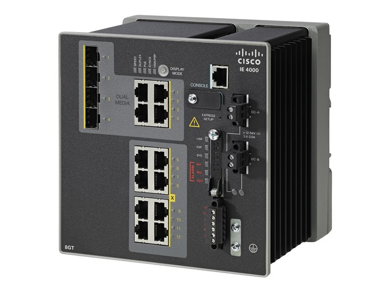 Cisco Industrial Ethernet 4000 Series - Switch - Administered - 8 x 10/100/1000 + 4 x Gigabit SFP combo - DIN rail mountable - DC power - Compatible with TAA (IE-4000-8GT4G-E)