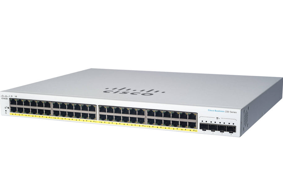 Cisco Business 220 Series CBS220-24P-4X - Conmutador - Inteligente - 24 x 10/100/1000 (PoE+) + 4 x 10 Gigabit SFP+ (enlace ascendente) - Montaje en riel - PoE+ (195 W)