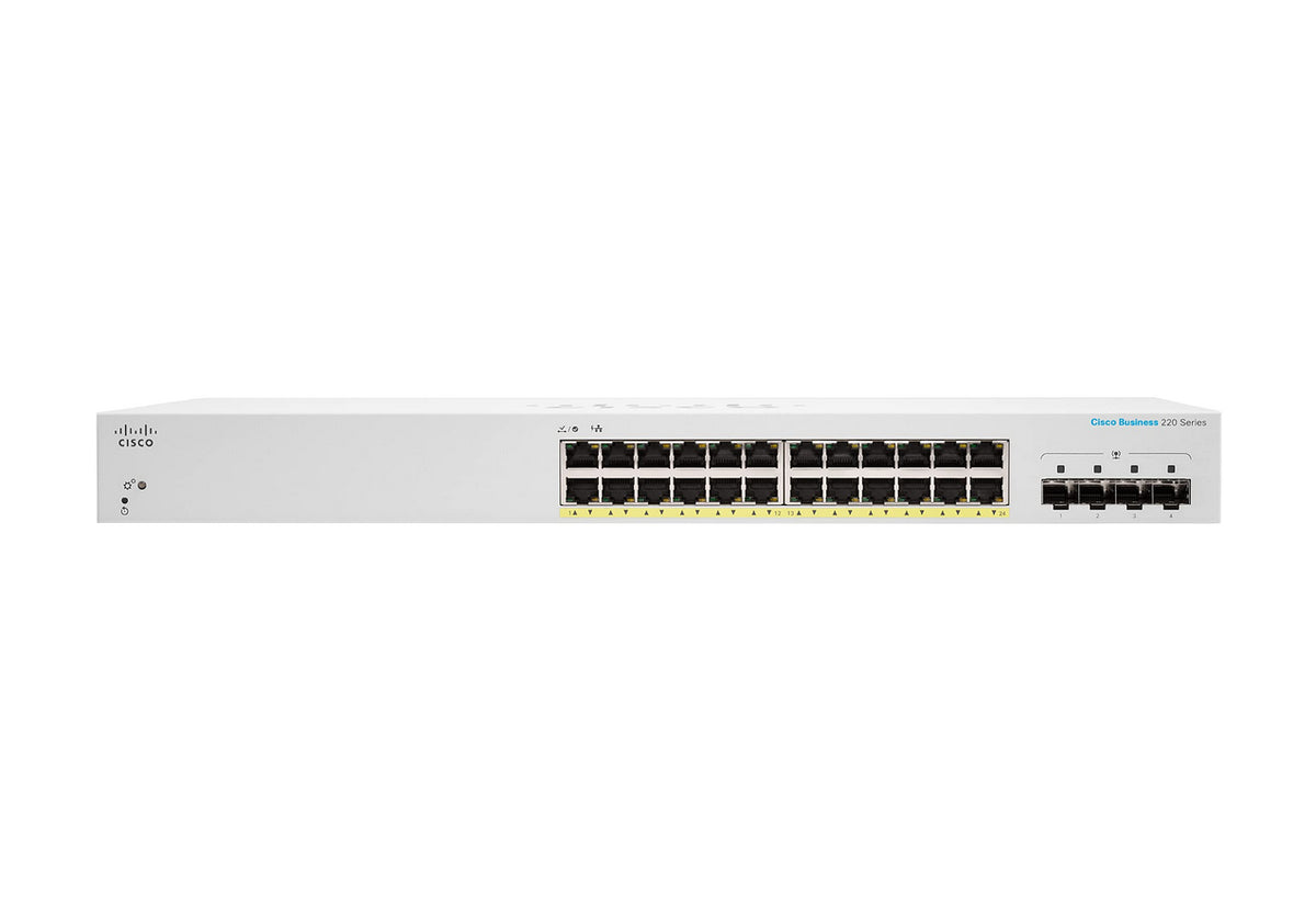 Cisco Business 220 Series CBS220-24FP-4X - Conmutador - Inteligente - 24 x 10/100/1000 (PoE+) + 4 x 10 Gigabit SFP+ (enlace ascendente) - Montaje en riel - PoE+ (382 W)