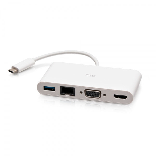 Adaptador C2G USB C a HDMI, VGA, USB A y RJ45 - 4K 30 Hz - Blanco - Estación de acoplamiento - USB-C / Thunderbolt 3 - VGA, HDMI - GigE