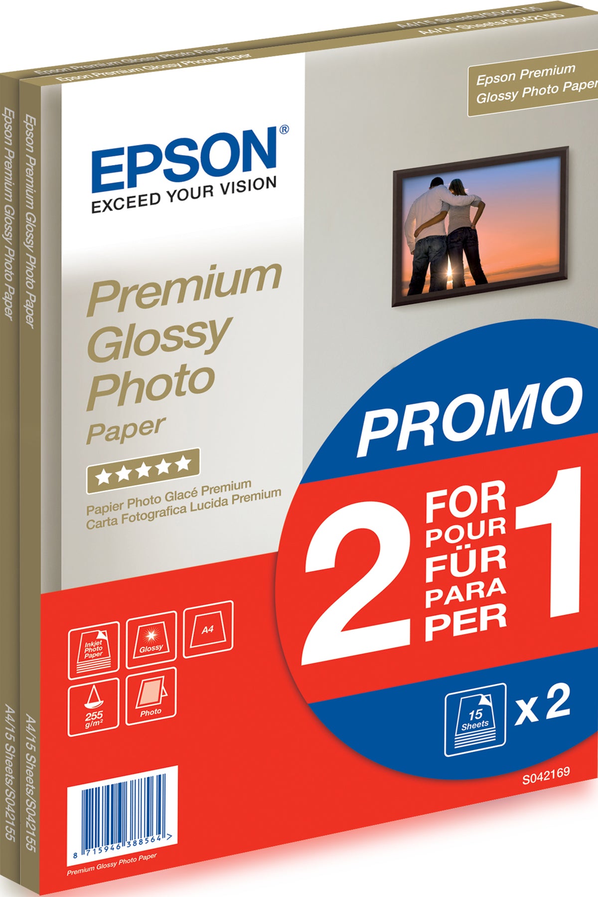 Epson Premium Glossy Photo Paper BOGOF - Glossy - A4 (210 x 297 mm) - 255 gsm - 15 sheet(s) photo paper (pack of 2) - for EcoTank ET-2650, 2750, 2751, 2756, 2850, 2851 , 2856, 4750, 4850