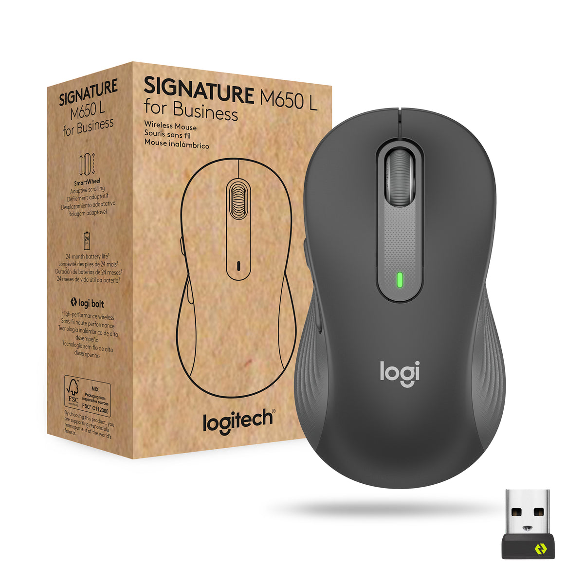 Logitech Signature M650 L for Business - Rato - para direita - 5 botões - sem fios - Bluetooth, 2.4 GHz - recetor USB Logitech Logi Bolt - grafite