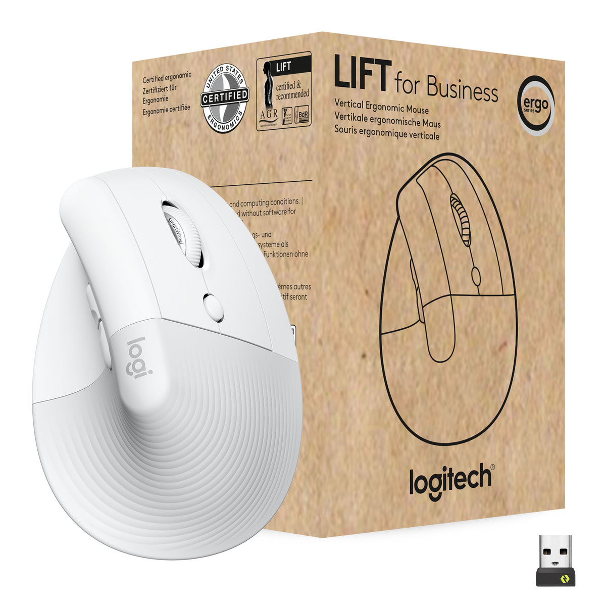 Logitech Lift for Business - Rato vertical - ergonómico - 6 botões - sem fios - Bluetooth, 2.4 GHz - recetor USB Logitech Logi Bolt - branco sujo