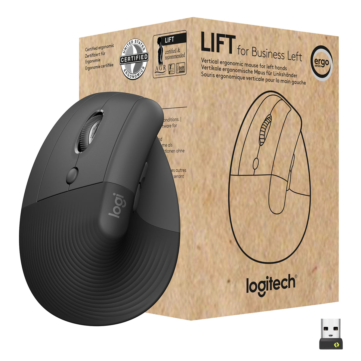 Logitech Lift for Business - Rato vertical - ergonómico - para esquerda - 6 botões - sem fios - Bluetooth, 2.4 GHz - recetor USB Logitech Logi Bolt - grafite