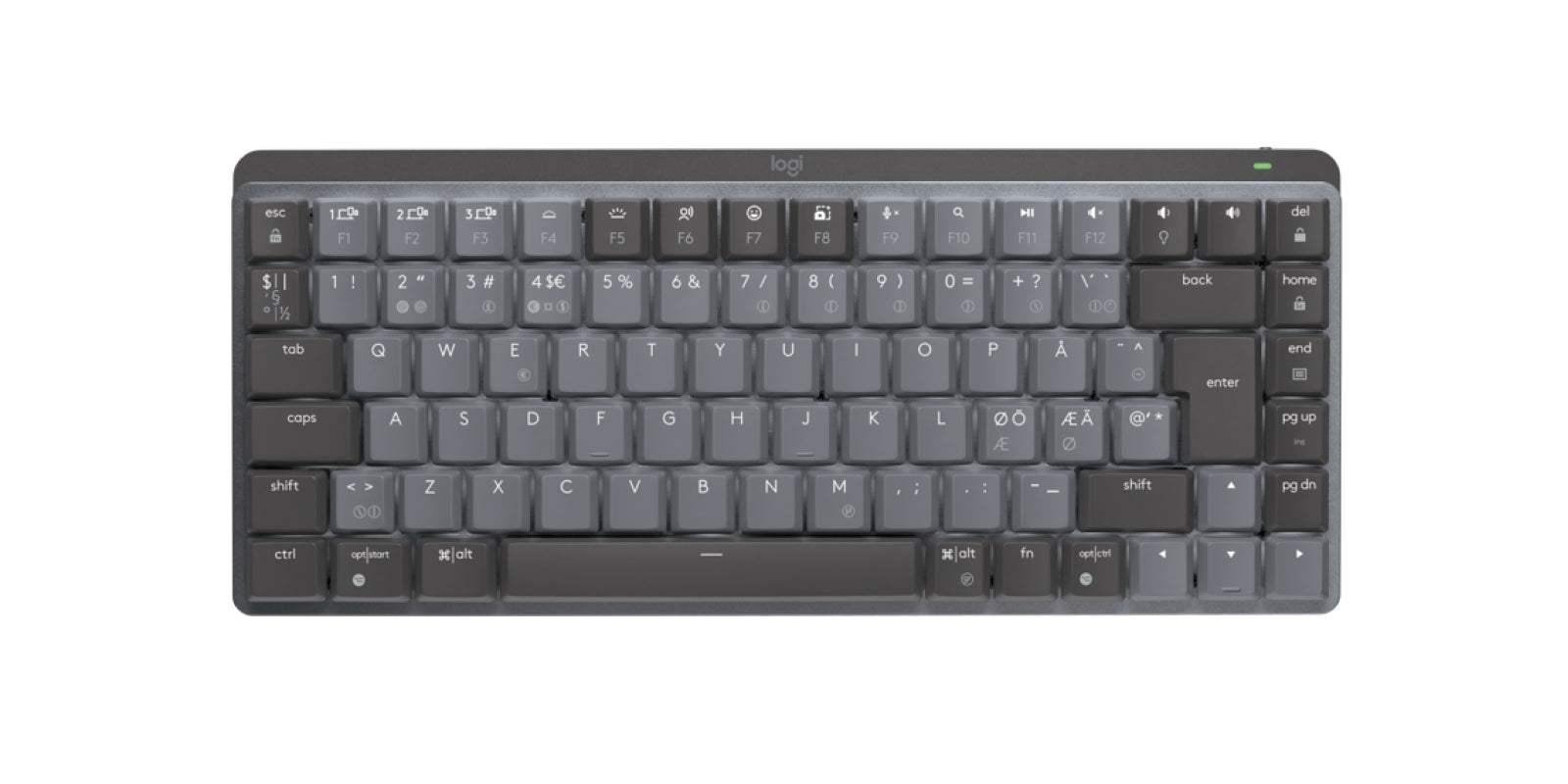 Logitech Master Series MX Mechanical Mini - Teclado - retroiluminação - sem fios - Bluetooth LE - QWERTY - Nórdico (Dinamarquês/Finlandês/Norueguês/Sueco) - interruptor: Linear - grafite