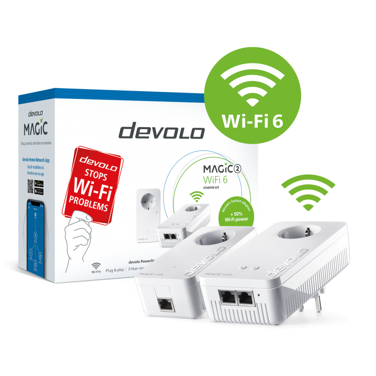 devolo Magic 2 WiFi 6, Starter Kit, PLC up to 2400Mbps, Mesh, Wi-Fi 6 up to 1800Mbps, 2x Gigabit LAN