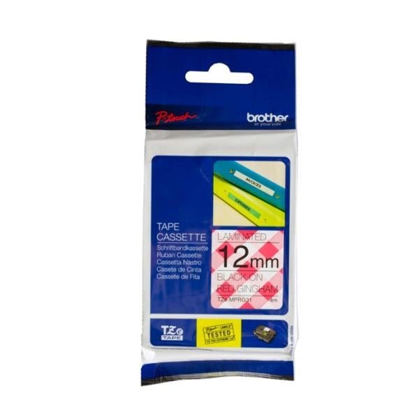 BROTHER TAPE 12MM BLACK/MATT RED PLAID LAMINATED