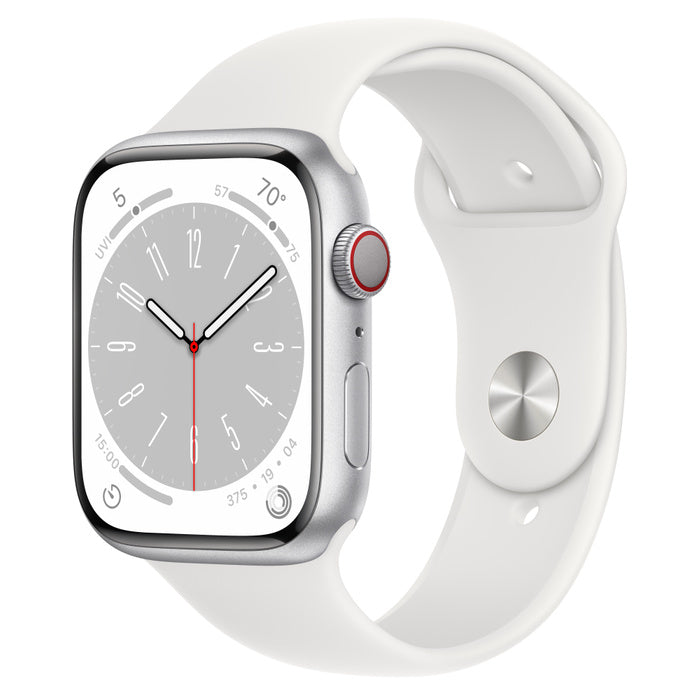 APPLE WATCH SERIES 8 GPS+CELLULAR 45MM SILVER ALUMINUM CASE WITH WHITE SPORT BA