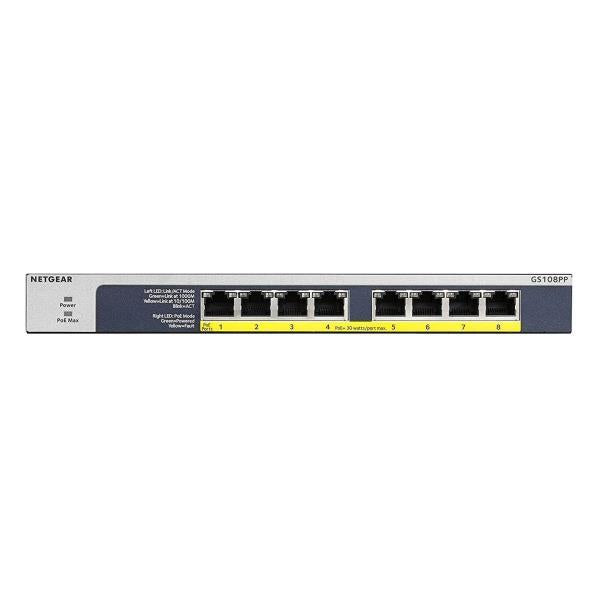 NETGEAR GS108PP - Switch - 8 x 10/100/1000 (PoE+) - desktop, rail mountable, wall mountable - PoE+ (123W) - DC power