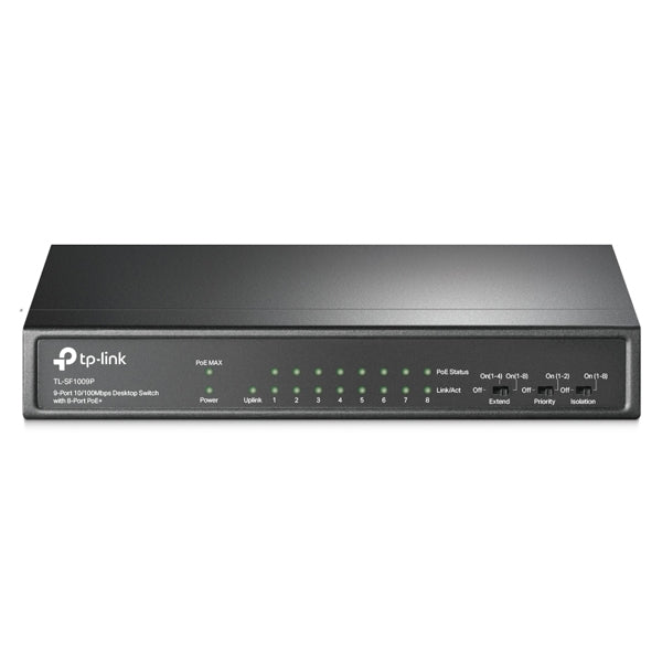 INTERRUPTOR TP-LINK DE ESCRITORIO DE 9 PUERTOS 10/100 MBPS CON POE+ DE 8 PUERTOS