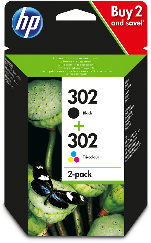 HP 302 - Pack de 2 - preto, cor (ciano, magenta, amarelo) - original - tinteiro - para Deskjet 11XX, 21XX, 36XX, Envy 451X, 452X, Officejet 38XX, 46XX, 52XX