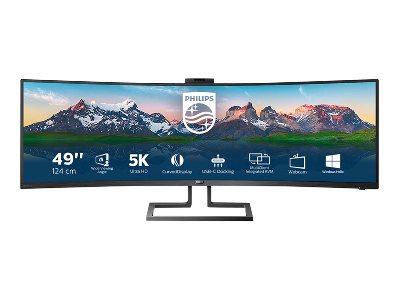 Philips Brilliance P-line 499P9H - Monitor LED - curvo - 49" (48.8" visível) - 5120 x 1440 Dual Quad HD @ 60 Hz - VA - 450 cd/m² - 3000:1 - DisplayHDR 400 - 5 ms - 2xHDMI, DisplayPort, USB-C - altifalantes - preto texturizado - para exone go Business