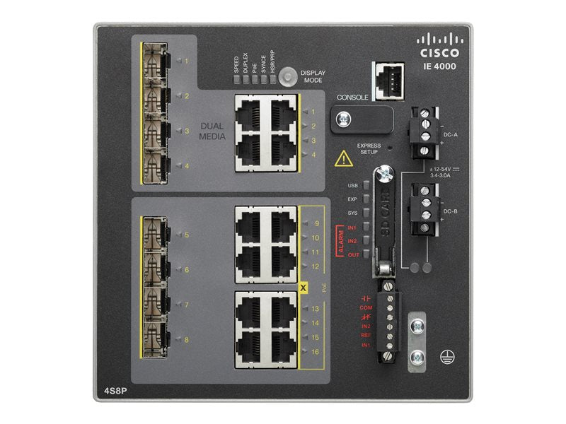 Cisco Industrial Ethernet 4000 Series - Switch - Administered - 4 x SFP + 8 x 10/100 (PoE+) + 4 x Gigabit SFP combo - DIN rail mountable - PoE+ - DC power - Compatible with TAA (IE-4000-4S8P4G-E )