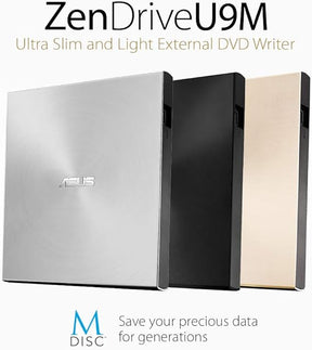 ASUS ZenDrive U9M SDRW-08U9M-U Unidade de disco ótico (8X, USB Tipo C + Tipo A, compatível com Mac, 13,9 mm ultrafina, compatibilidade com M-Disc, criptografia de disco, E-Green, E-Média), prateado