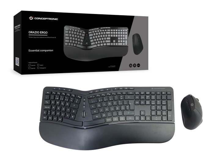 Conceptronic ORAZIO02PT Kit de Teclado Ergonómico y Ratón Vertical Inalámbrico, Distribución Portuguesa, Negro