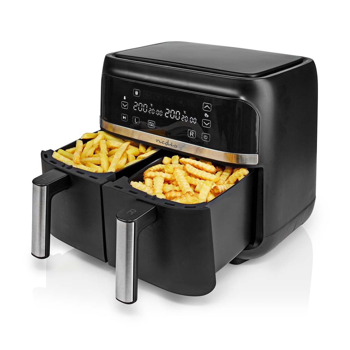 NEDIS HOT AIR FRYER 2X3.8 L TIMER: 60 MIN DIGITAL BLACK