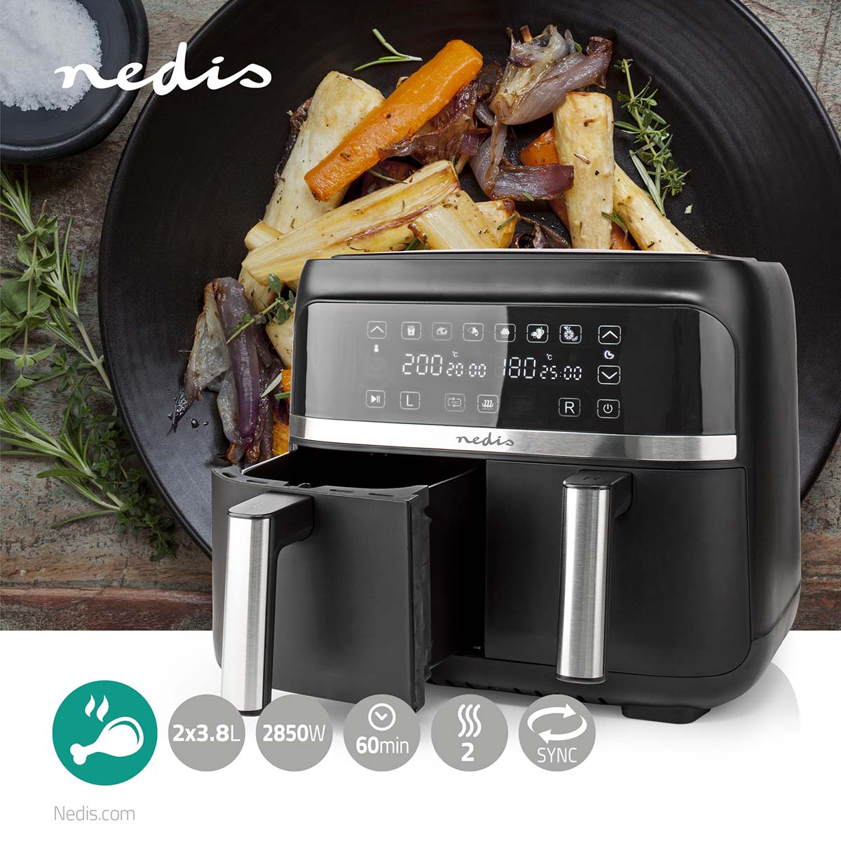 NEDIS FRITADEIRA HOT AIR FRYER 2X3.8 L TIMER: 60 MIN DIGITAL BLACK