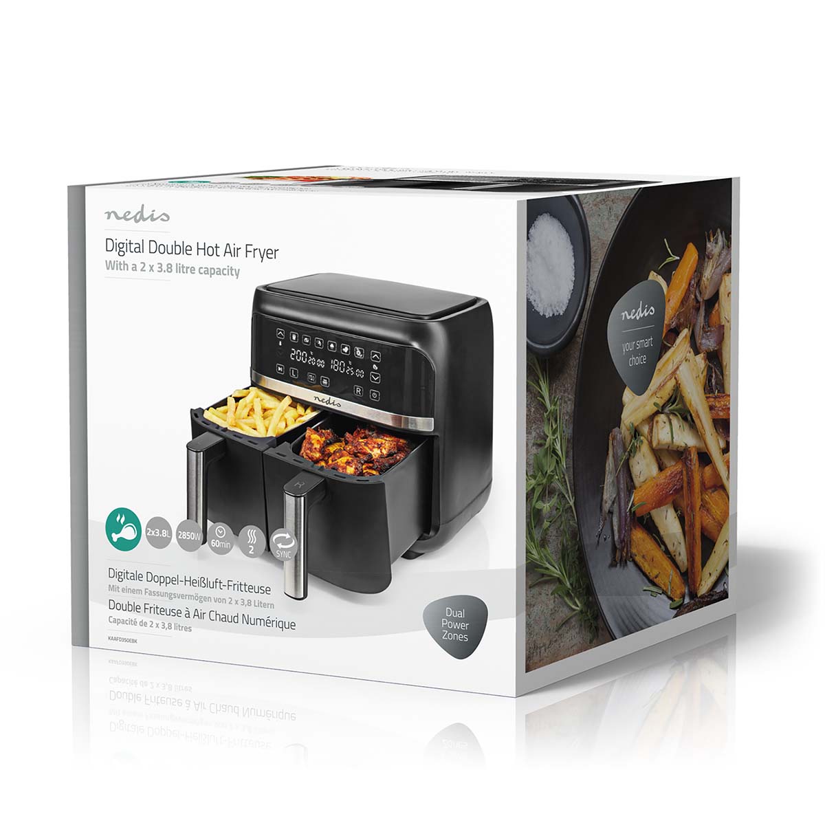 NEDIS HOT AIR FRYER 2X3.8 L TIMER: 60 MIN DIGITAL BLACK