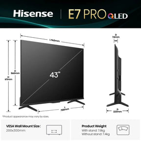 Hisense 43E7Q PRO, 43" 4K UHD Hi-QLED Smart TV with 144 Hz and Dolby Vision Atmos