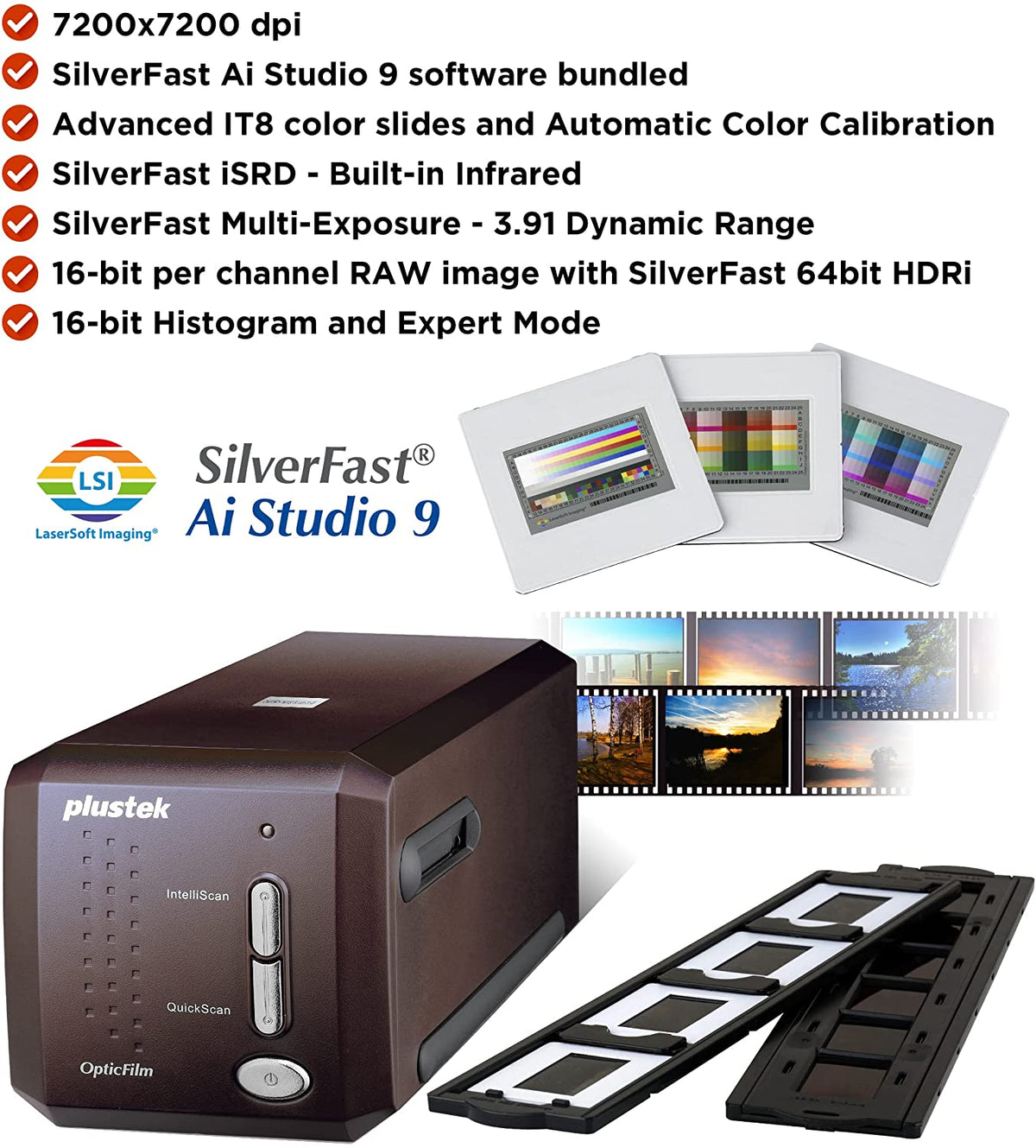 Plustek OpticFilm 8300i Ai 35 mm Film and Slide Scanner 7200 dpi with SilverFast Ai Studio 9