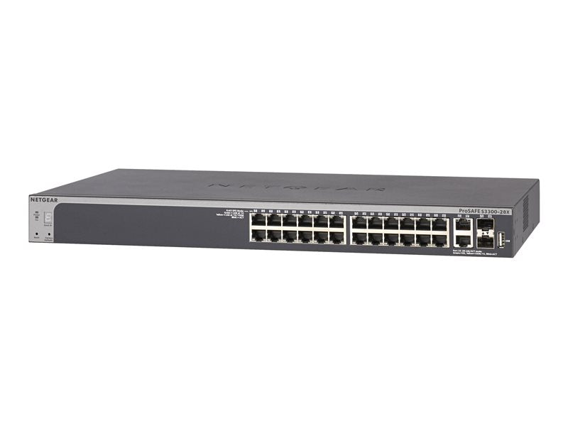 NETGEAR Smart S3300-28X-PoE+ - Interruptor - inteligente - 24 x 10/100/1000 (PoE+) + 2 x 10Gb Ethernet + 2 x 10Gb Ethernet SFP+ - montável em trilho - PoE+ (195 W) - AC 100/230 V (GS728TXP-100NES)