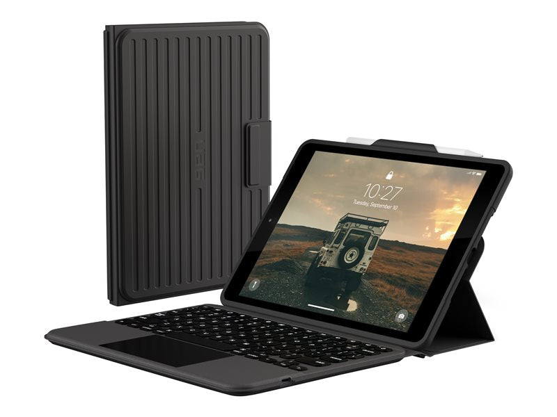 UAG Rugged Bluetooth Keyboard w/Trackpad para iPad 10.2 Español - Negro/Ceniza - Teclado y Carpeta Folio (Case) - con trackpad - Irregular - Iluminación - Bluetooth - Español - Negro, Gris - Volumen - para Apple iPad 10.2 pulgadas (9ª generación )