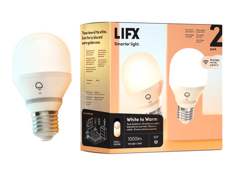 LIFX White to Warm - Bombilla LED - forma: A60 - E27 - 9 W (equivalente a 70 W) - clase E - luz blanca cálida a fría - 1500-9000 K - blanca (pack de 2)