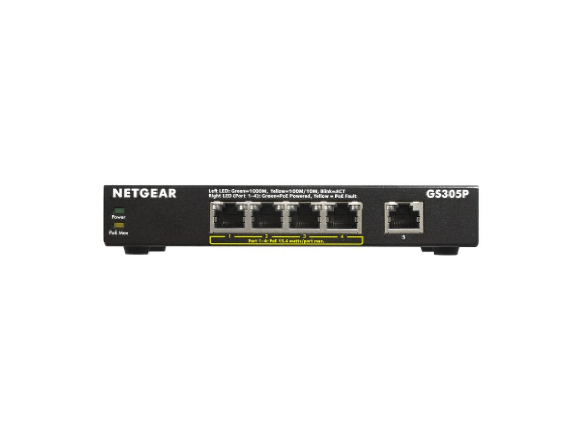 NETGEAR GS305Pv2 - Switch - no management - 5 x 10/100/1000 (4 PoE) - desktop, wall mountable - PoE+ (63 W) - DC power