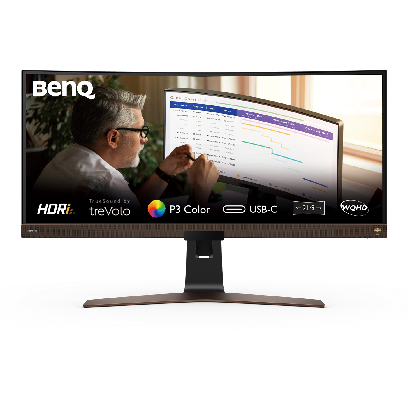 BenQ EW3880R - Monitor LED - curvo - 37.5" - 3840 x 1600 WQHD+ @ 60 Hz - IPS - 300 cd/m² - 1000:1 - HDR10 - 4 ms - 2xHDMI, DisplayPort, USB-C - altifalantes com subwoofer - castanho metálico