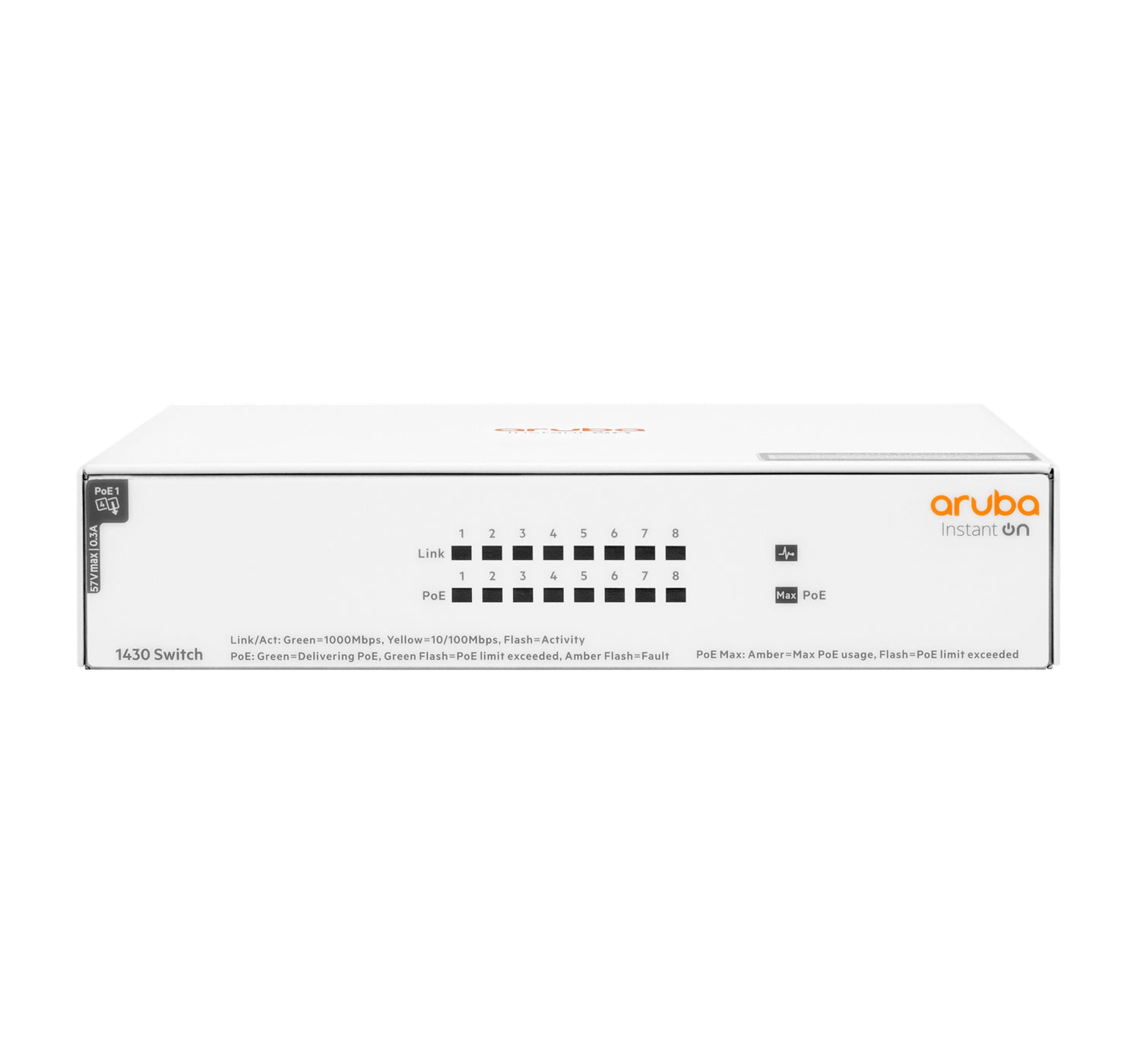 HPE Aruba Instant On 1430 8G Class4 PoE 64W Switch - Switch - unmanaged - 8 x 10/100/1000 (PoE Class 4) - desktop, rail mountable, wall mountable - PoE (64W) - BTO