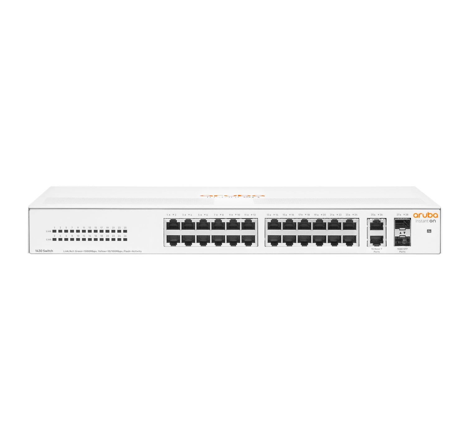 HPE Aruba Instant On 1430 26G 2SFP Switch - Switch - unmanaged - 26 x 10/100/1000 + 2 x 100/1000 SFP - desktop, rail mountable, wall mountable - BTO