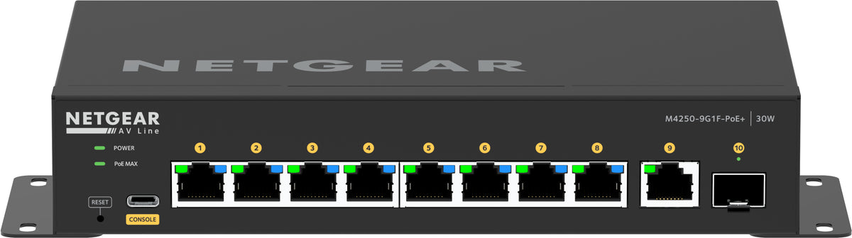 NETGEAR AV Line M4250-9G1F-PoE+ - Interruptor - L3 - Administrado - 8 x 10/100/1000 (8 PoE+) + 1 x 10/100/1000 + 1 x Gigabit SFP - fluxo de ar lado para lado - montável em trilho - PoE+ (110 W)