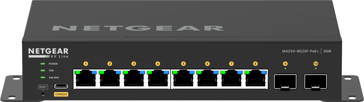 NETGEAR AV Line M4250-8G2XF-PoE+ - Interruptor - L3 - Administrado - 8 x 10/100/1000 (8 PoE+) + 2 x 10 Gigabit SFP+ - fluxo de ar lado para lado - montável em trilho - PoE+ (220 W)