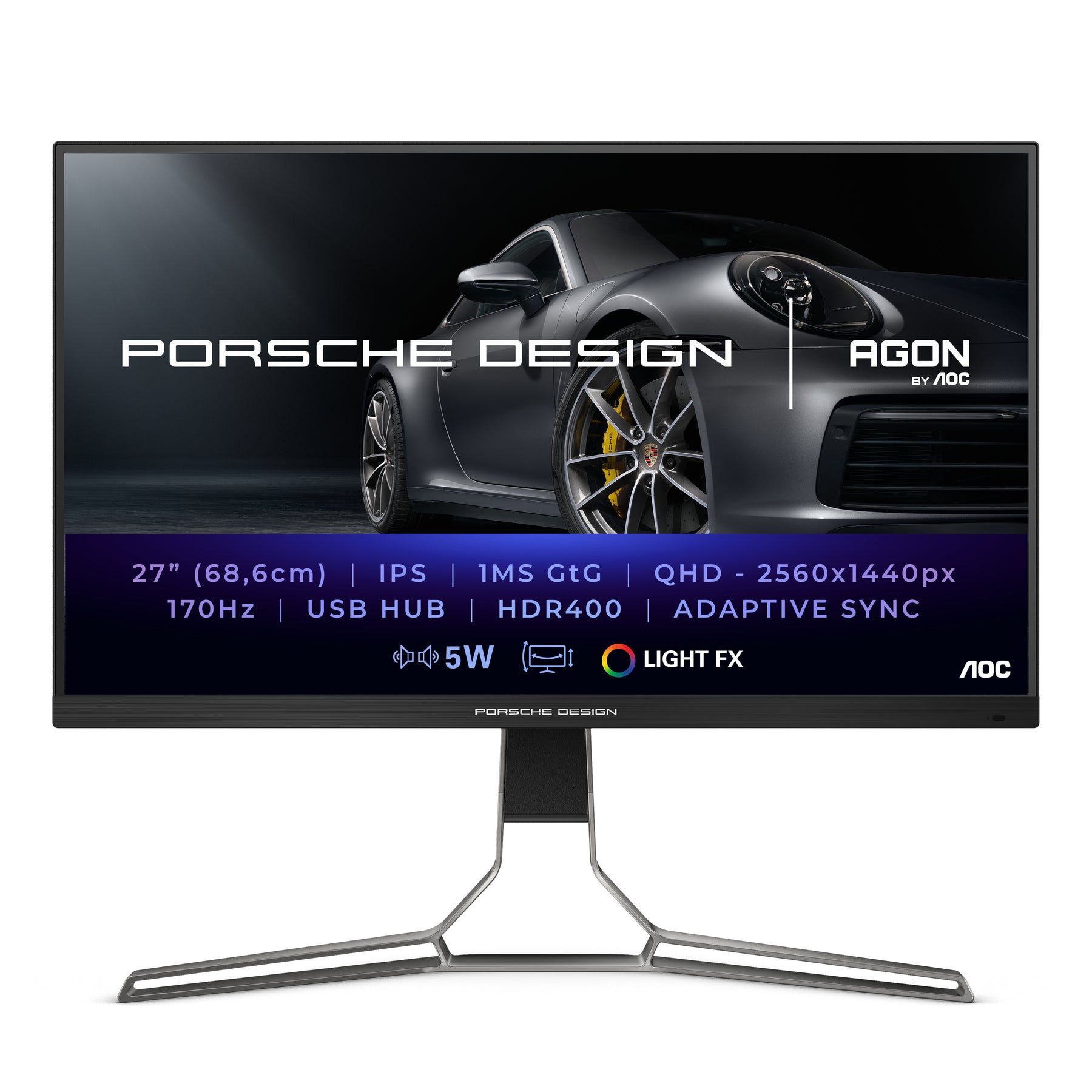 AOC Gaming PD27S - Porsche Design - PDS Series - LED monitor - gaming - 27" - 2560 x 1440 QHD @ 170 Hz - IPS - 350 cd/m² - 1000:1 - DisplayHDR 400 - 1 ms - 2xHDMI, 2xDisplayPort - speakers - black