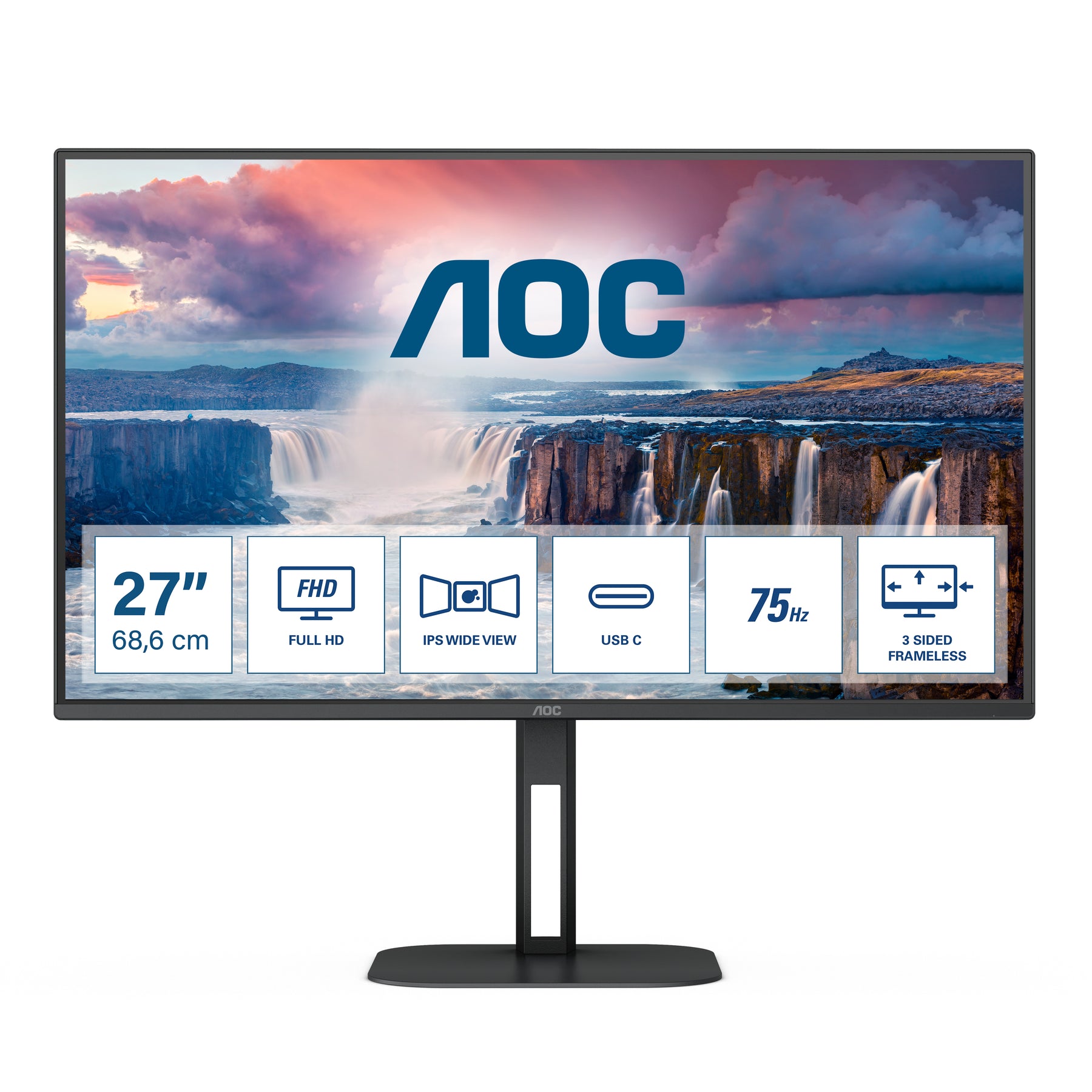 AOC Value-line 27V5CE/BK - Serie V5 - Monitor LED - 27" - 1920 x 1080 Full HD (1080p) @ 75 Hz - IPS - 300 cd/m² - 1000:1 - 4 ms - HDMI, USB-C - altavoces - negro