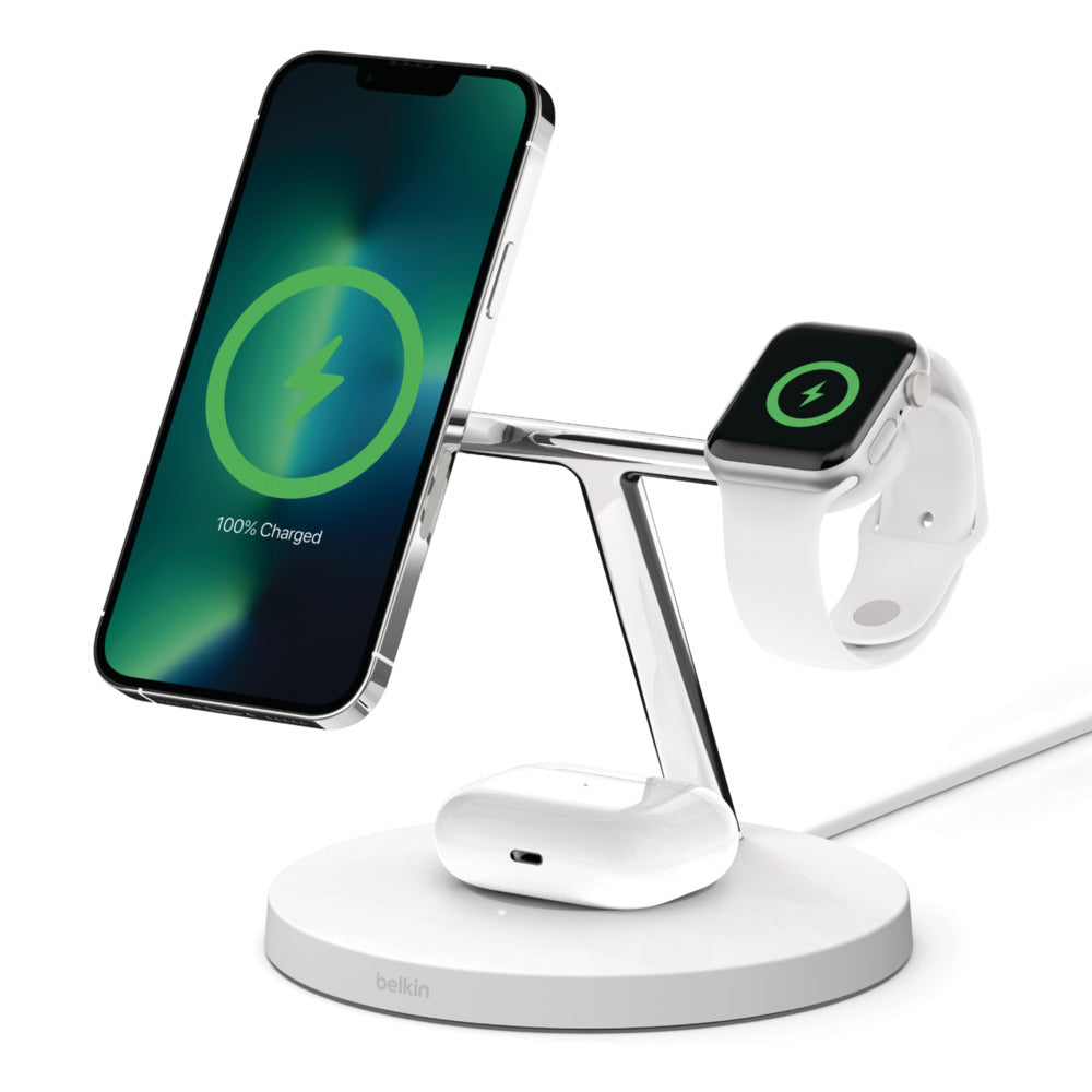 Belkin BOOST CHARGE PRO - Wireless Charging Cradle - with MagSafe + AC Power Adapter - 15 Watt - Fast Charge - White - for Apple AirPods, AirPods Pro, iPhone 12, 13, Watch Series 4, Series 5, Series 6, Series 7