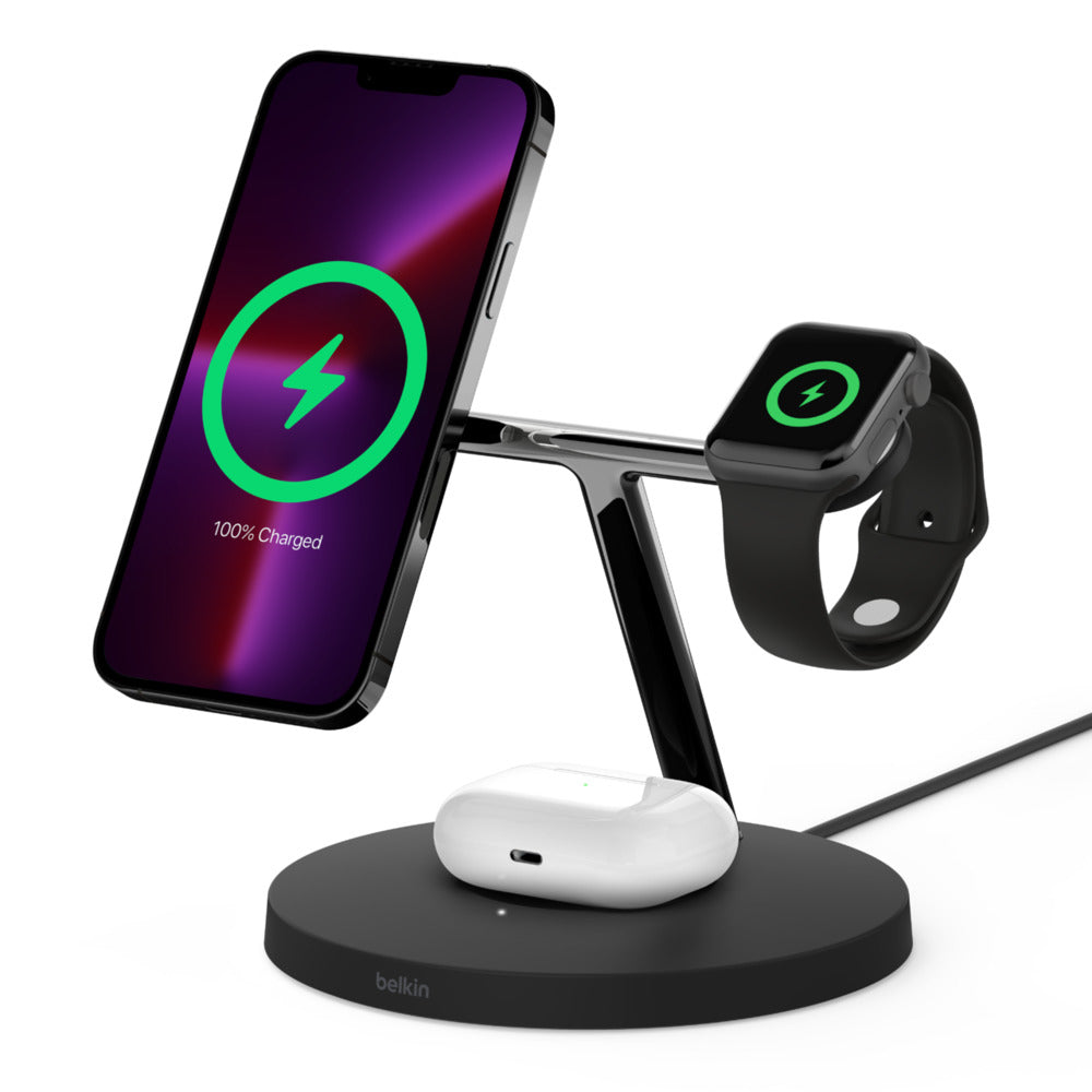 Belkin BOOST CHARGE PRO - Wireless Charging Cradle - with MagSafe + AC Power Adapter - 15 Watt - Fast Charge - Black - for Apple AirPods, AirPods Pro, iPhone 12, 13, Watch Series 4, Series 5, Series 6, Series 7