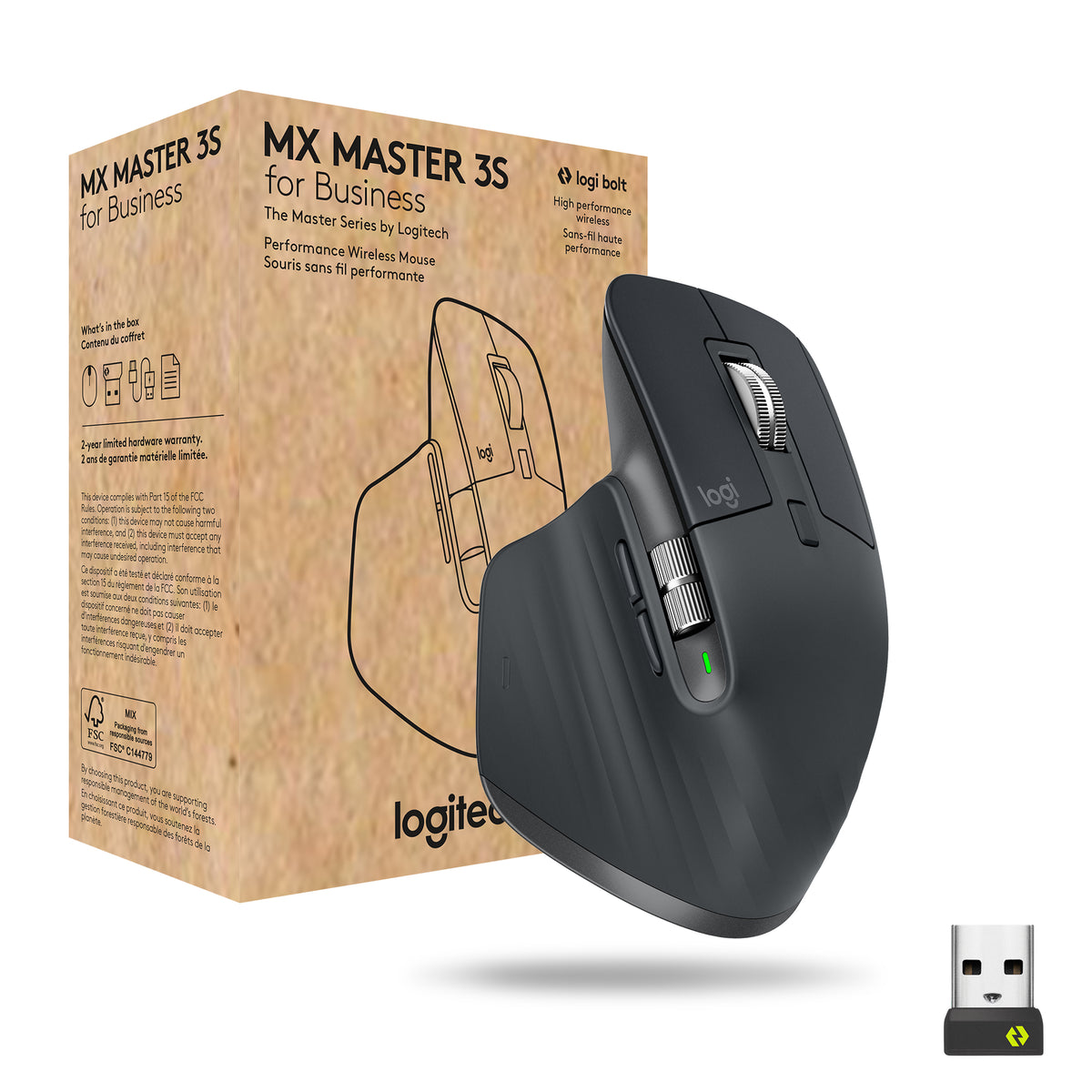 Logitech Master Series MX Master 3S for Business - Mouse - ergonomic - right hand - optical - 7 buttons - wireless - Bluetooth - USB receiver Logitech Logi Bolt - graphite