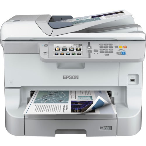 Epson WorkForce Pro WF-8590 DTWFC - Impresora multifunción - color - inyección de tinta - A3 (297 x 420 mm) (original) - A3 (soportes) - hasta 22 ppm (copia) - hasta 24 ppm (impresión) - 830 hojas - 33,6 Kbps - USB 2.0, Gigabit LAN, Wi-Fi(n), host USB